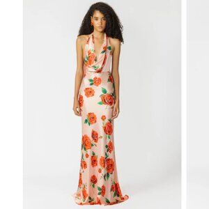 SAU LEE: Presley Satin Gown Peach Multi